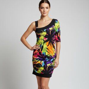 JOSEPH RIBKOFF Tropical Mini Dress Asymmetrical One Shoulder Design Jewel Accent